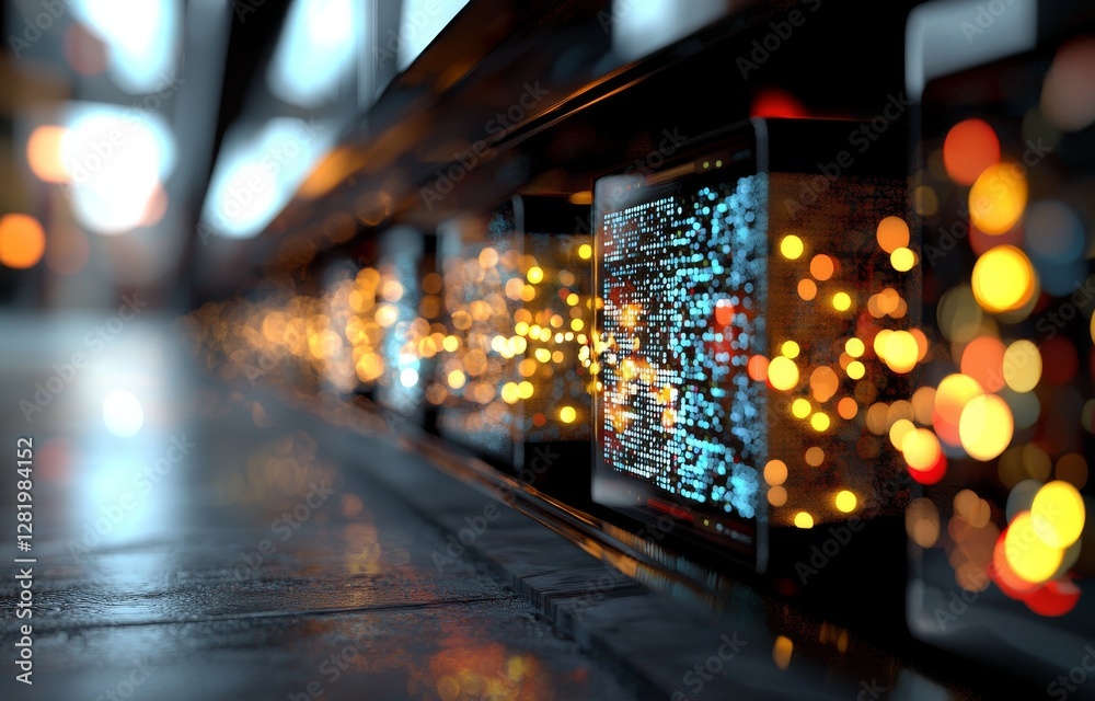 Poster a data center room filled with servers is illuminated by a bright bokeh light that shines down the c