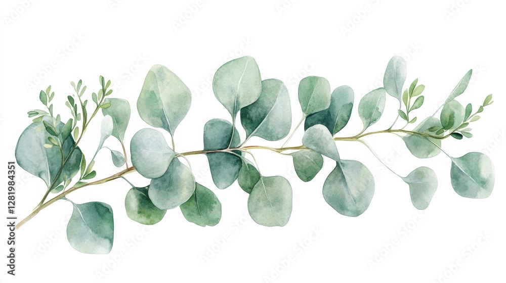 Poster elegant watercolor depiction of a eucalyptus branch with green leaves and delicate details in a mini