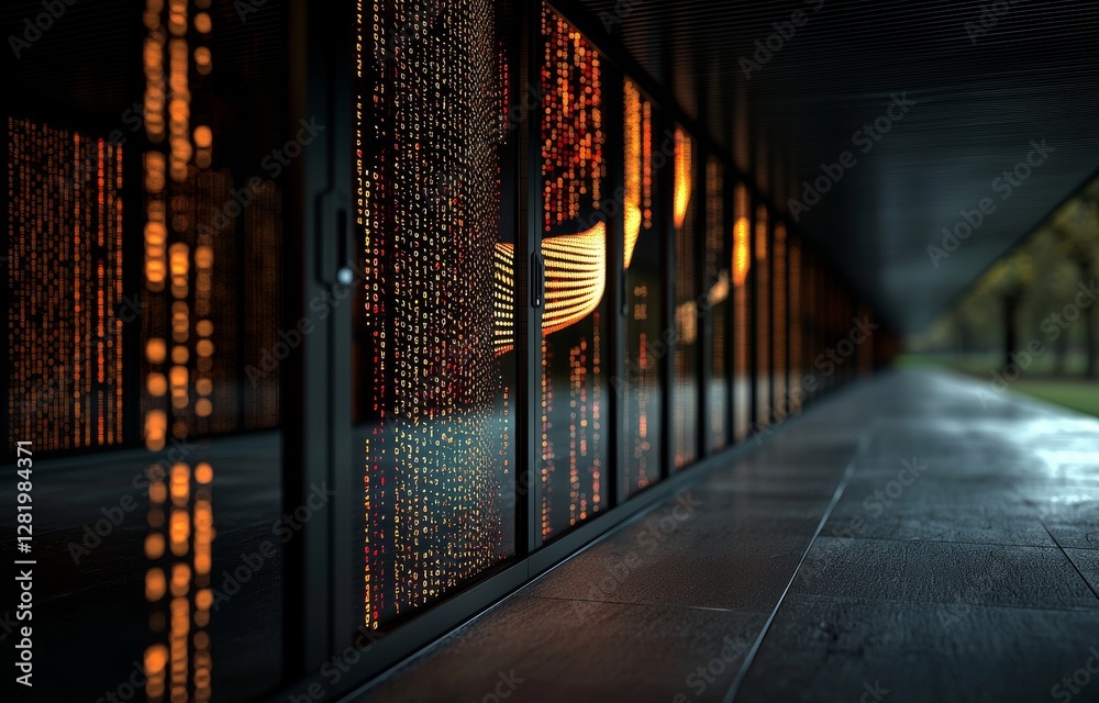 Aufkleber A data center room with a connection network and server storage systems in 3D rendering