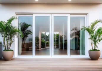 Fototapeta premium Modern sliding glass doors framed by potted plants, leading to a bright interior with wooden flooring and natural light.