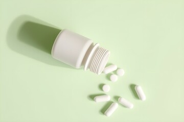 White supplement bottle, pills on green background. Top view flat lay trendy product presentation. Empty container ready for branding