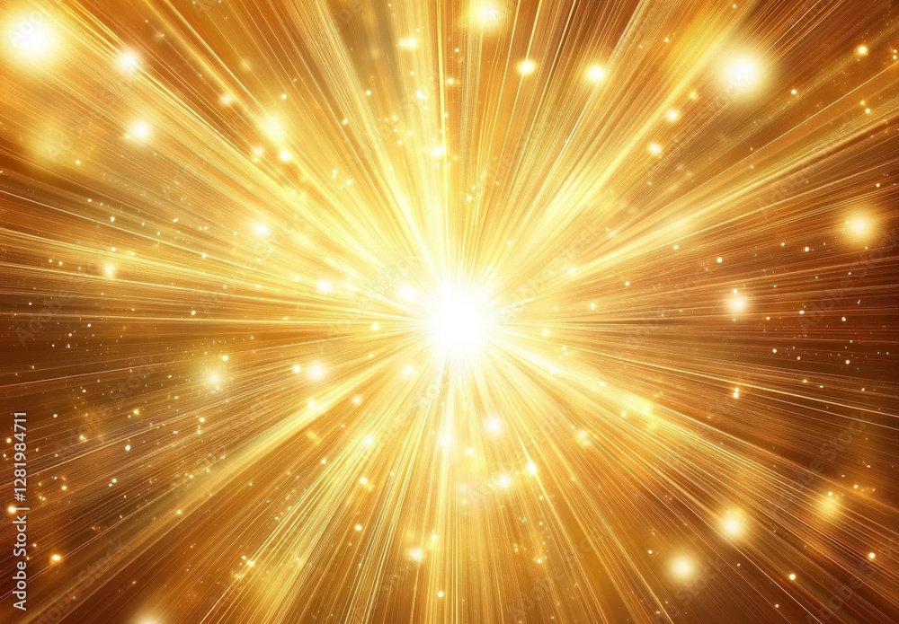 Poster bright golden rays radiate from a central light source, creating a dynamic burst effect with sparkli