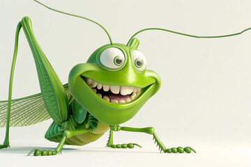 An adorable 3D rendered cartoon grasshopper character, smiling joyfully