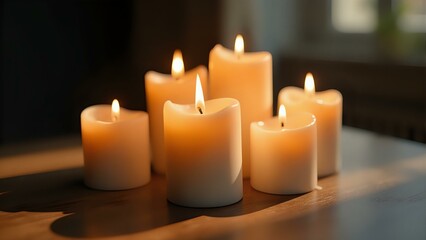 A cluster of candles creates intricate shadows on walls as soft light dances across their surfaces, casting an ethereal glow in a quiet room with warm tones and soft textures.