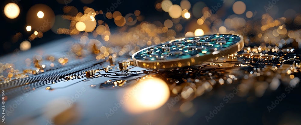 Poster the image of a futuristic server, represented by a circuit board, showcases code processing with a v