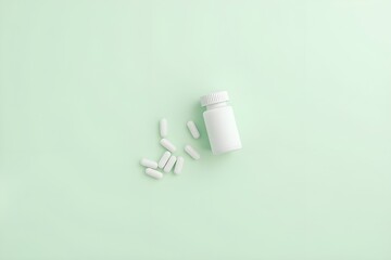 Fototapeta premium White supplement bottle, pills on green background. Top view flat lay trendy product presentation. Empty container ready for branding