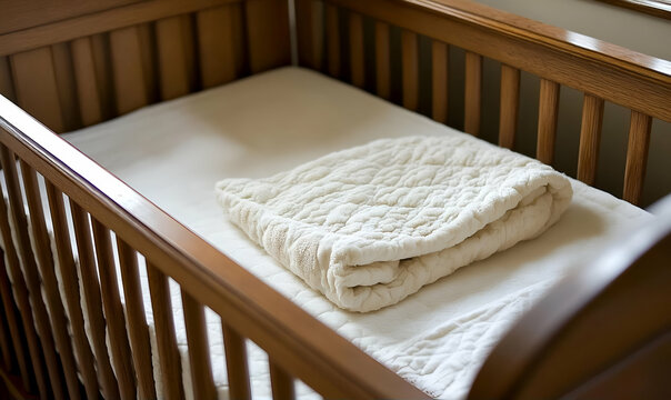 Empty wooden crib with beige bedding