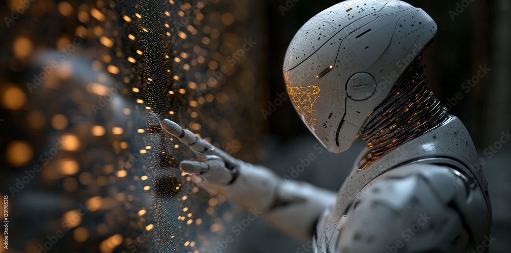 Aufkleber in a futuristic setting, a digital world showcases an android robot gesturing towards a computer eng