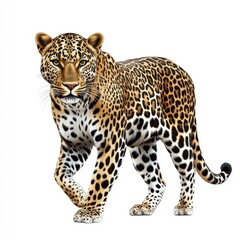 Obraz premium A realistic illustration of a leopard walking, showcasing its distinctive spotted coat and strong physique on a plain background.