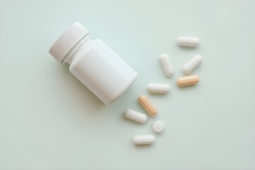 White supplement bottle, pills on green background. Top view flat lay trendy product presentation. Empty container ready for branding