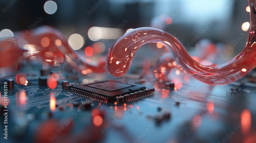 Poster an abstract 3d render depicts a cpu chip positioned on a motherboard surrounded by various microchip
