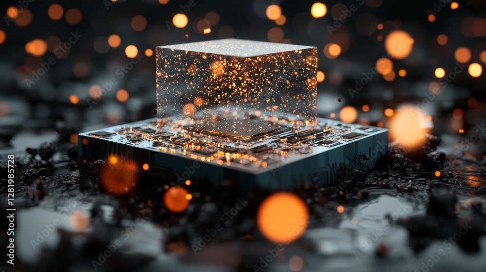 Aufkleber a processor computer chip is situated on a circuit board amidst microchips and other components in a