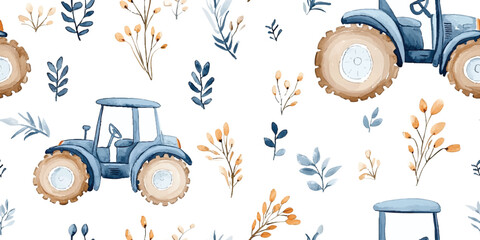 Seamless vector pattern with watercolor drawings of kids' toys, highlighted by a blue farm tractor on white background for textiles, interior, clothes, wallpaper. Botanical art © Eli Berr