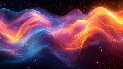 Obraz premium Vibrant abstract waves of blue, pink, and orange light flowing through a cosmic backdrop, perfect for technology, creativity, or digital design themes.