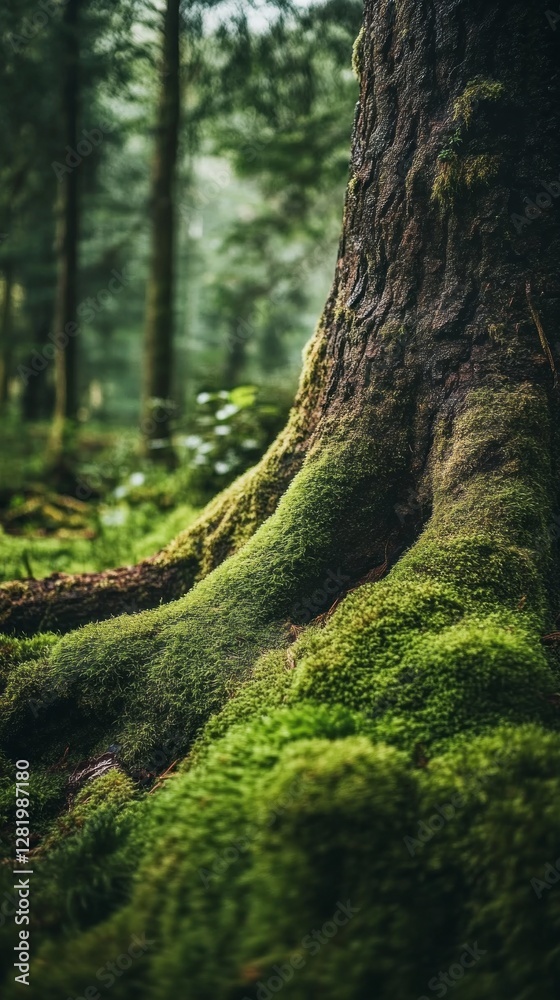 Poster nestled in a lush forest, a majestic trunk stands adorned with a vibrant layer of moss. sunlight fil