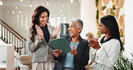 Office, business people and women with tablet for applause, investment profit or finance growth....