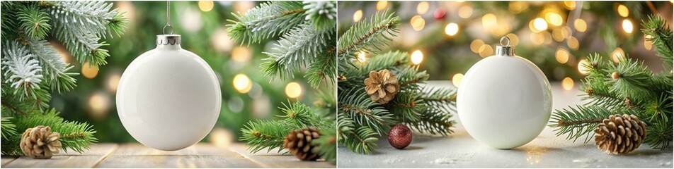 Two Christmas ornaments, one white and one red, are sitting on a table with pine needles and other decorations