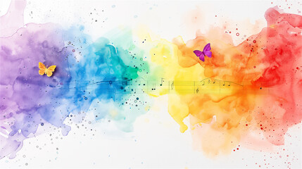 A beautiful watercolor painting that features a vibrant colorful, rainbow colored, notes and delicate butterflies set against a clean, white background