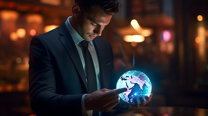 Businessman Holding Holographic Globe in Bar