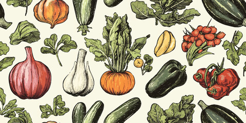Vintage style vector seamless pattern of vegetables and spices, illustration, cooking, organic print, for design element, wrapping, wallpaper, banner background