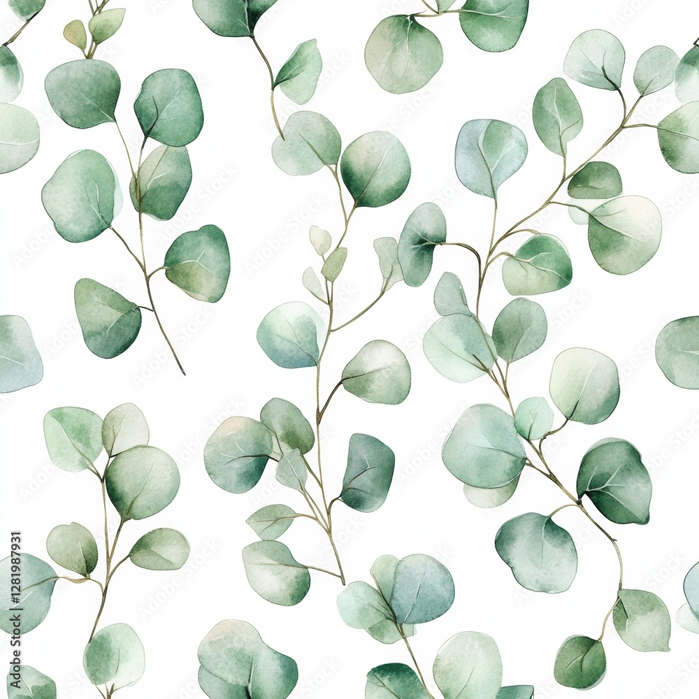 Poster watercolor leaves creating a soothing pattern of greens and whites in a natural and elegant design. 