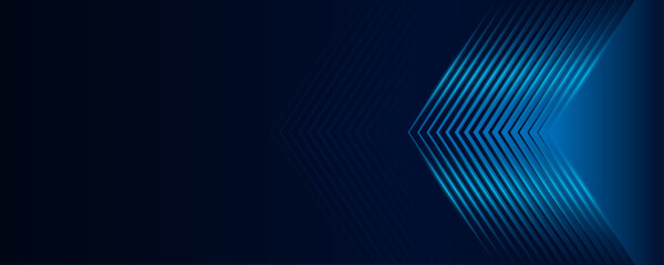 Blue neon glowing arrows on abstract dark background. Luxury reflective pattern. Futuristic laser vector graphic scene design. Modern technology horizontal pattern for cover.