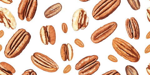 Vector seamless pattern of pecans, isolated on a white background for design element, wrapping, wallpaper, banner background