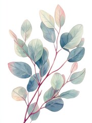 Obraz premium Watercolor painting of delicate green and pink leaves on a slender branch showcasing natural beauty and tranquility. Generative AI