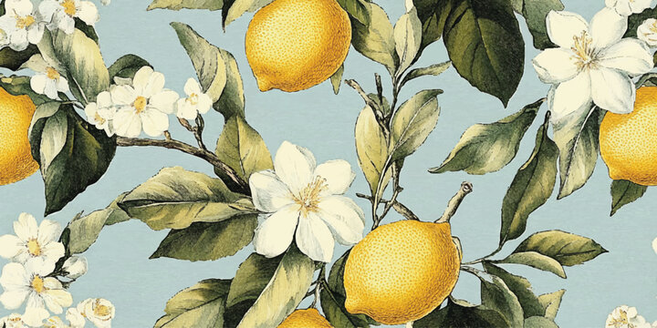 Lemon fruits tropical summer Vintage seamless vector pattern with watercolor style illustration