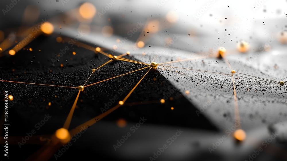 Poster a 3d rendering of an abstract, polygonal space featuring a low-poly network with interconnected node