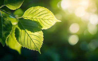 Vibrant green leaf in soft sunlight, blurred nature backdrop for a fresh, eco-friendly scene