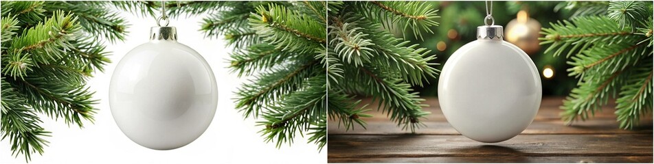 Two Christmas ornaments hanging from a tree branch. One is white and the other is silver