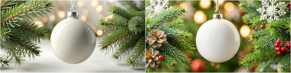 Two white Christmas ornaments hanging from a tree. One is on the left and the other is on the right