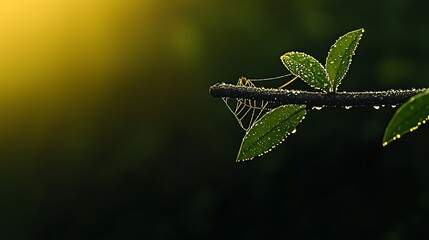 Dew-covered leaves glistening in the morning light with a soft, blurred background