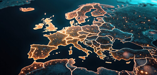 Aerial view of Europe continent at night with city lights. Interconnected glowing network covers European countries. Future technology, global communications. Modern European map with illuminated