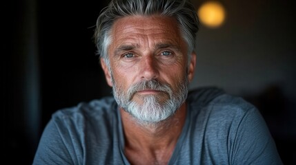 Obraz premium A close-up portrait of a mature man featuring gray hair and a well-groomed beard, evoking a sense of wisdom, experience, and confidence in his expression.