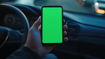 Man holding smartphone with blank green screen inside car, with blurred traffic lights outside. Concept technology, navigation, mobile apps, modern lifestyle, digital interaction