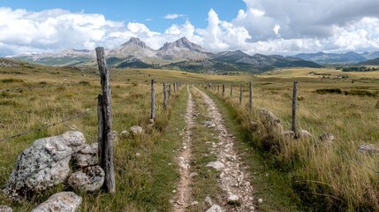 Obraz premium Rocky dirt path lined with wooden fence posts leads through a grassy valley toward distant mountains under a cloudy blue sky.
