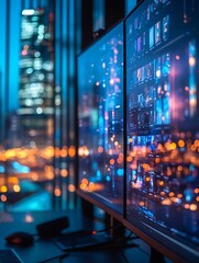 Night city view, data analysis screens