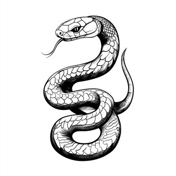 A detailed black and white drawing of a coiled snake
