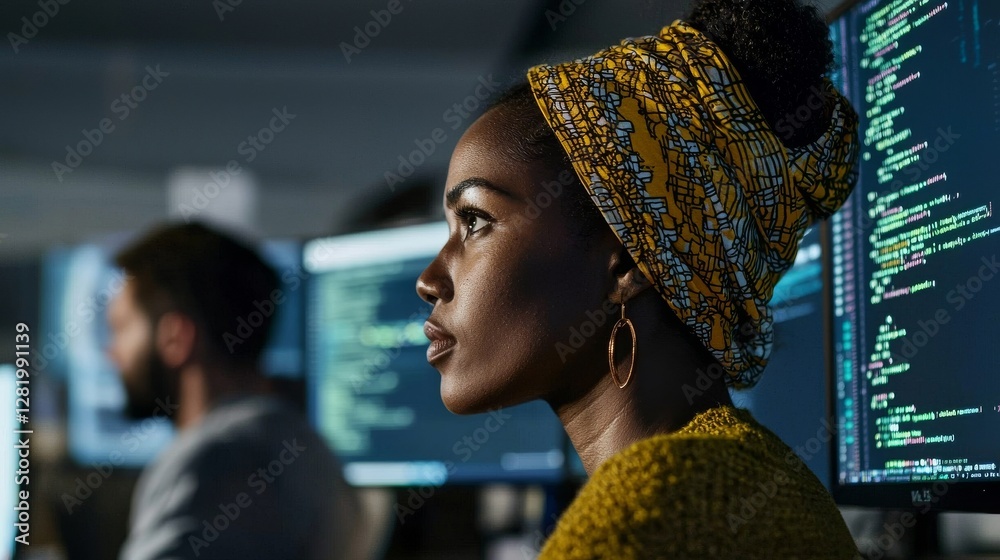 Poster a female computer engineer collaborates with her diverse team of specialists on a neural network pro