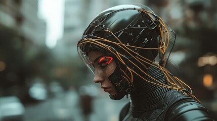 In a dark action scene, a woman gamer dons a futuristic suit and VR helmet, diving into virtual reality with her black sci-fi female costume connected to many wires, showcasing cyber technology