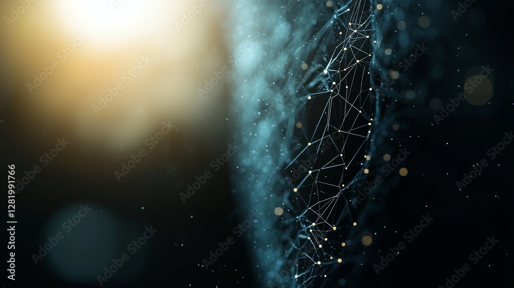 Poster a futuristic cybernetic backdrop consisting of a digital network of glowing lines and dots, symboliz
