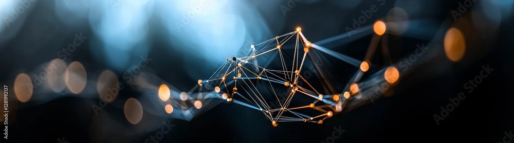Poster glowing lines and dots form a digital plexus set against an abstract background in this ultra-wide 3