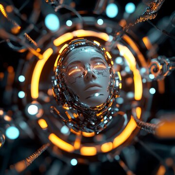 Queen of the digital realm, a 3D science fiction illustration featuring a female alien android
