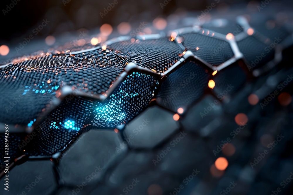 Poster an abstract background serves as the backdrop for a futuristic honeycomb mosaic composed of glowing 
