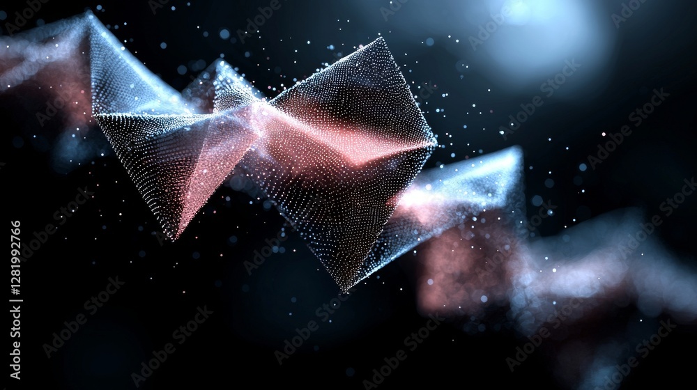 Poster a geometric background features interconnected polygons and a 3d rendering of cybernetic particles t