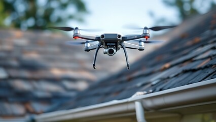 A drone flies over a house roof, showcasing its aerial photography capabilities