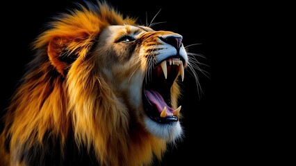 Fototapeta premium A lion roars, showcasing its sharp teeth and expressive face against a dark background.