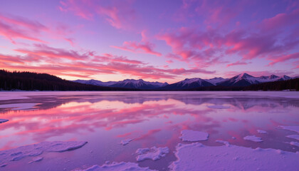 Fototapeta premium Violet sunrise reflecting on frozen lake in mountains, natural beauty